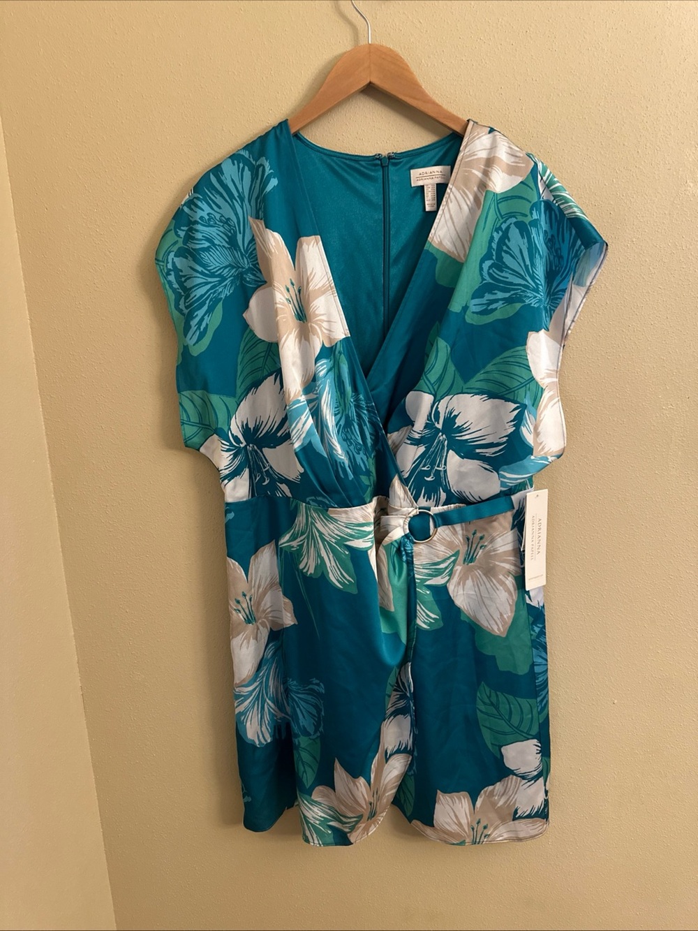 Adrianna Papell Teal Floral Wrap Dress with White Blooms